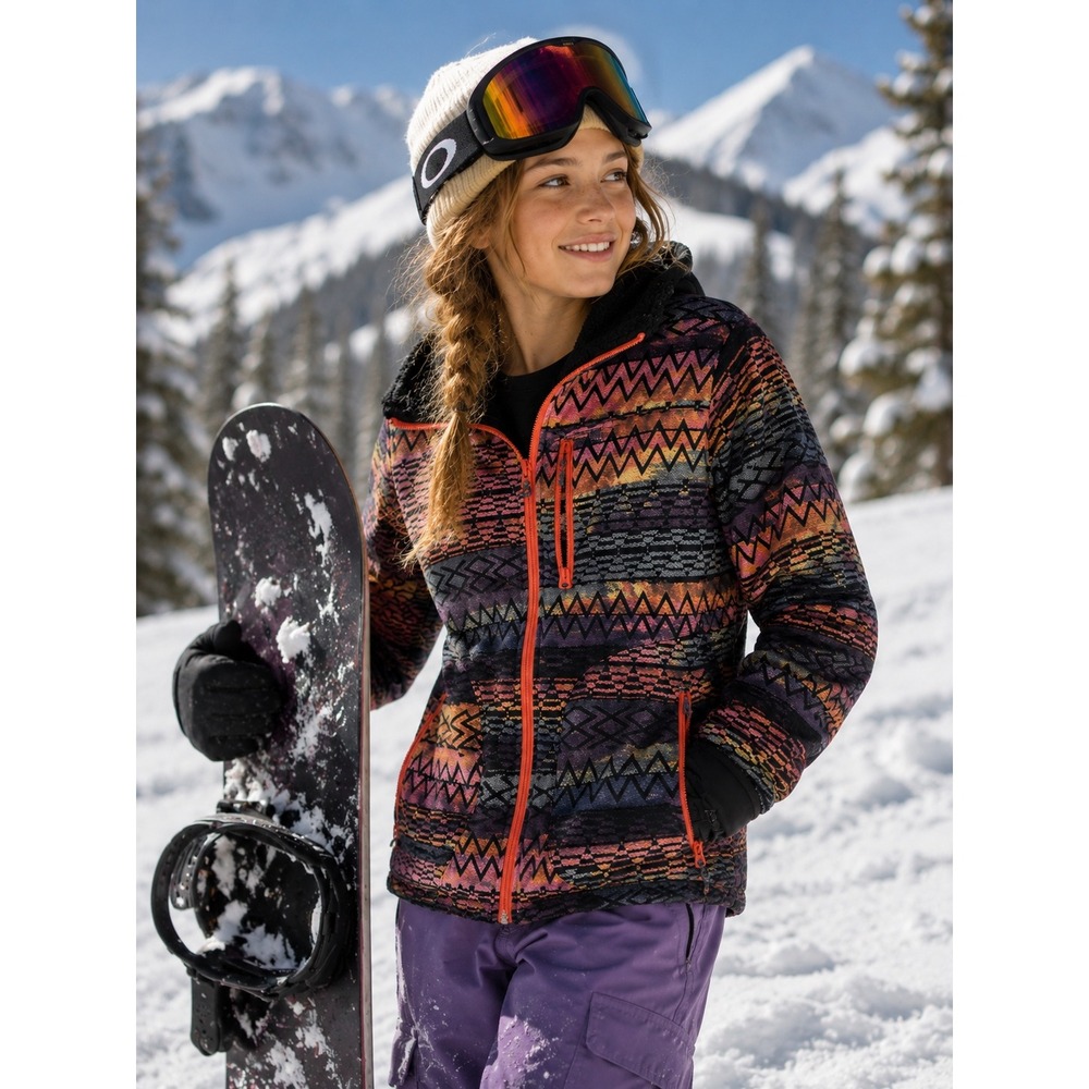 Burton Girls Reversible Fleece Jacket M Aztec Print Sherpa Full Zip Black Multi